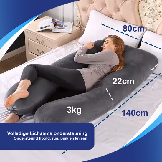 Sleeptight Zwangerschapskussen U vorm 140 x 80 x 22 cm - Zijslaapkussen Volwassenen - Lichaamskussen ondersteunend Zijslaper - Voedingskussen - Rolkussen Body pillow 3KG — afbeelding 3