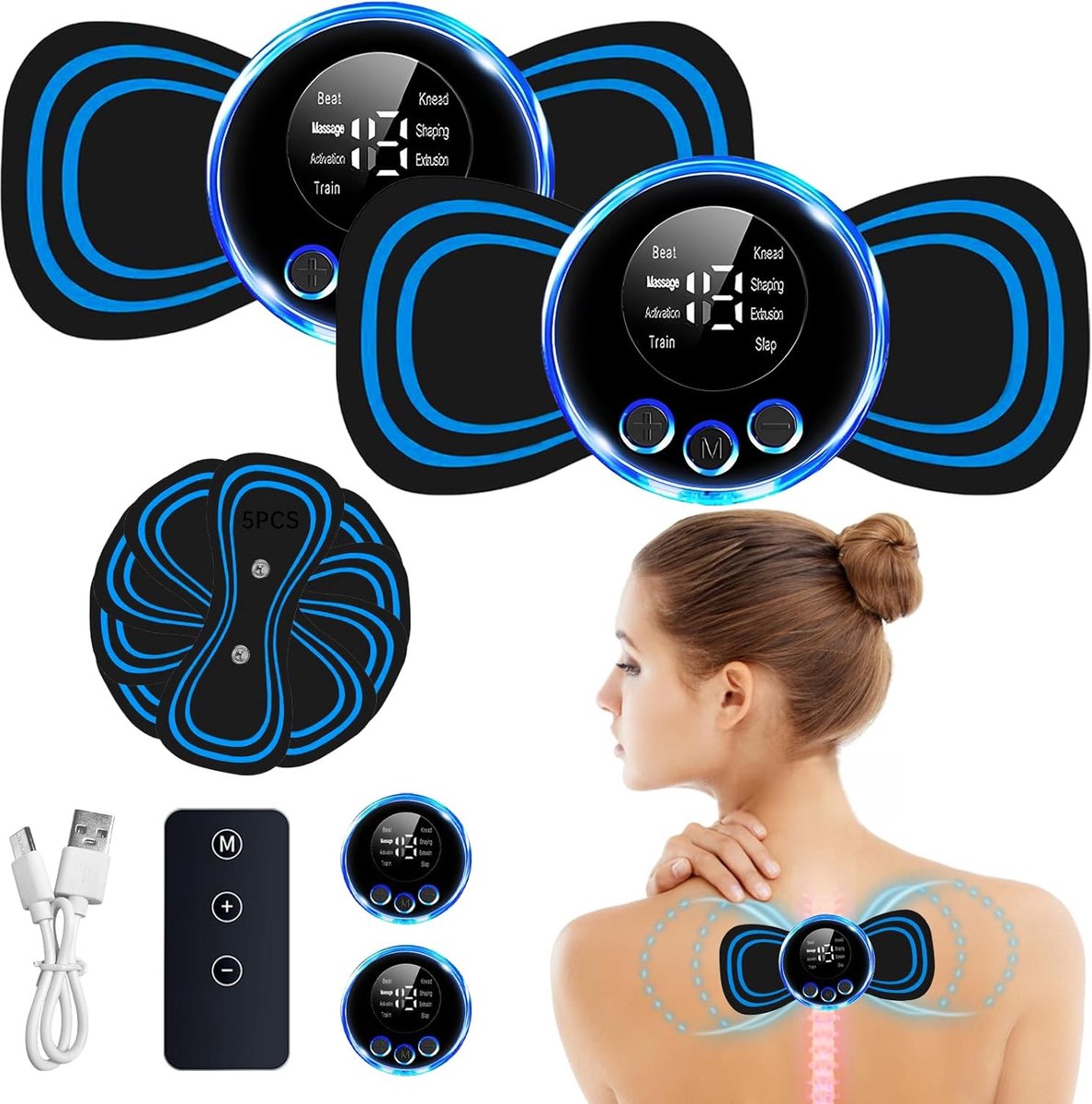 Nek massager - EMS Massage - 2-pack - Draadloze Massage Apparaat - 8 Programma's & 19 Sterkten - Afstandsbediening & 5 Electroden - Volledig Lichaam - Voor Nek, Schouders, Rug