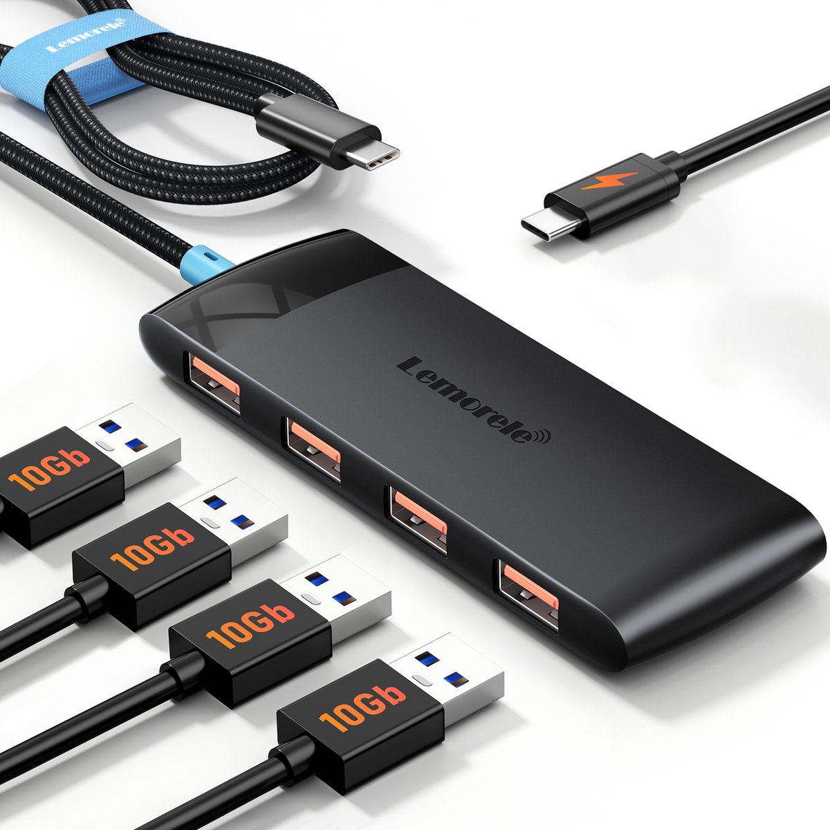 Lemorele™ TC108 – 4-in-1 USB-C Hub – 10Gbps High-Speed – USB 3.2 Gen 2 – Type-C naar 4× USB-A Adapter – 60cm Kabel – Thunderbolt 3/4 Compatibel