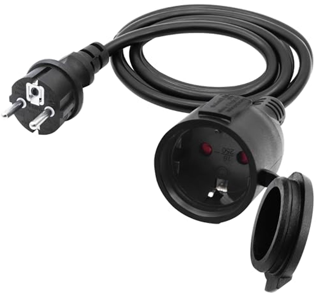 Buitenkabel met Schuko Plug 90° - Korte AC Verlengkabel - 1.5 m - Zwart - 16A 250V IP44