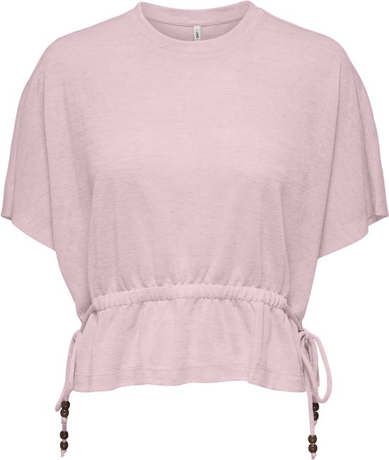 Top rose pâle à manches courtes avec ceinture élastique à cordon de serrage et perles en bois.