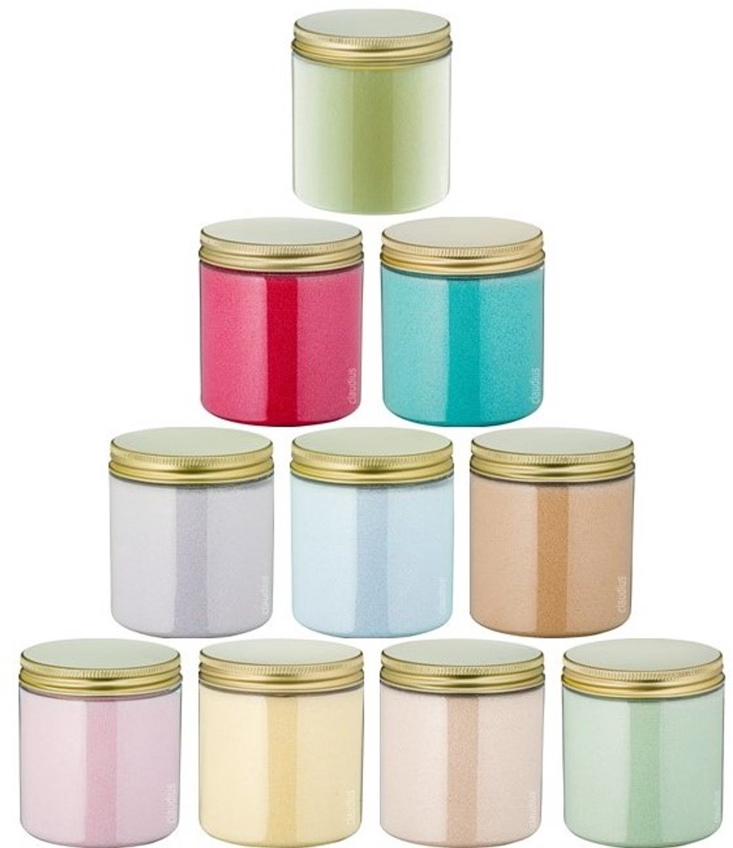Scrubzout - 300 gram - set van 10 verschillende geuren - Gouden Deksel - Rozen, Vanille, Amandel, Eucalyptus, Lavendel, Opium, Appel-Kaneel, Fruity Melon, Hamam en Zen Moment - Hydraterende Lichaamsscrub - Cadeau