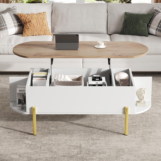 BLACKCOLORS - Table basse - 120x50x43 cm - Plateau réglable en hauteur - Rangement dissimulé - 7 compartiments de rangement - Bois + blanc