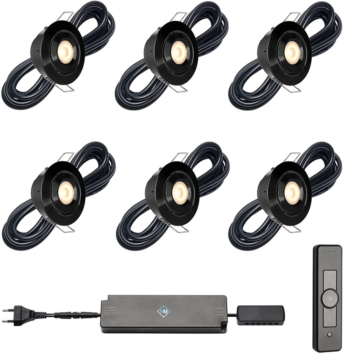 LED veranda inbouwspots Toledo zwart ab inclusief trafo en afstandsbediening - 3W / dimbaar / kantelbaar / inbouwspot / terrasoverkapping / overkapping / serre / carport / warm wit / rond / 230V / IP44 / set van 6 stuks