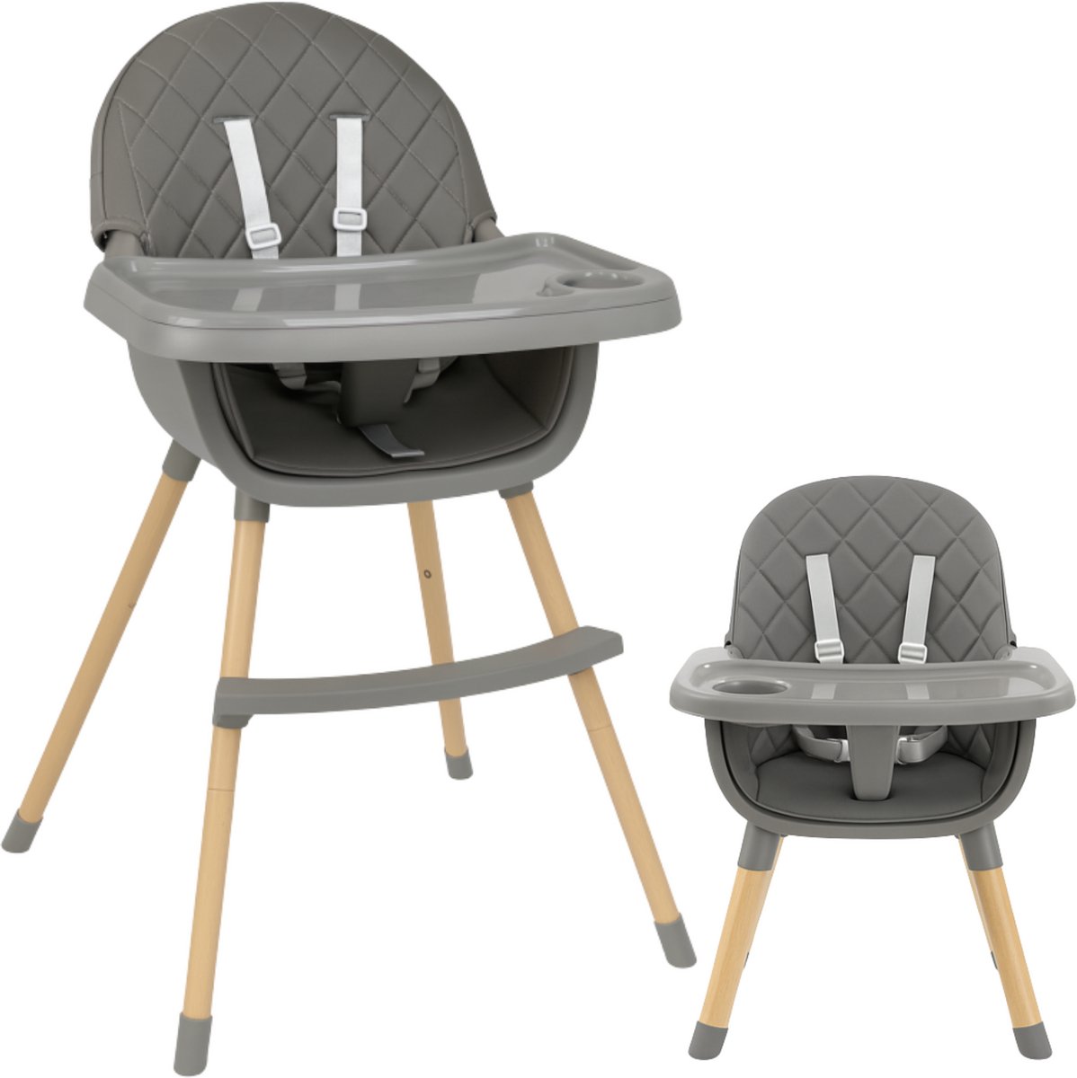 Laavir® High Chair Grijs - Multifunctionele Kinderstoel hout 2 in 1 - Verstelbaar Eetblad - verstelbare 5-Puntsgordel - hoge lage houten stoel