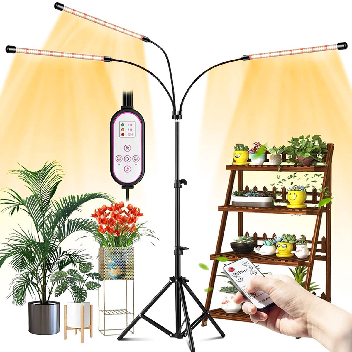Rosnek Kweeklamp Full Spectrum 3 Koppen - LED Groeilamp met Afstandsbediening - Verstelbaar Statief 50-150 cm & 360° Flexibele Arm - Timer 4/8/12u - 10 Dimstanden voor Binnenplanten
