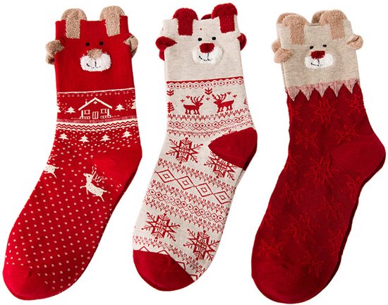 Kerstkousen - 3 Paar - Maten 34-40 - Kerstsokken - Sokken - Kerstpatronen - Christmas Socks - Warme Sokken - Kerst - Geschikt Voor Vrije Tijd, Thuis En Daten - Geschikt Voor Jongens En Meisjes - Rood