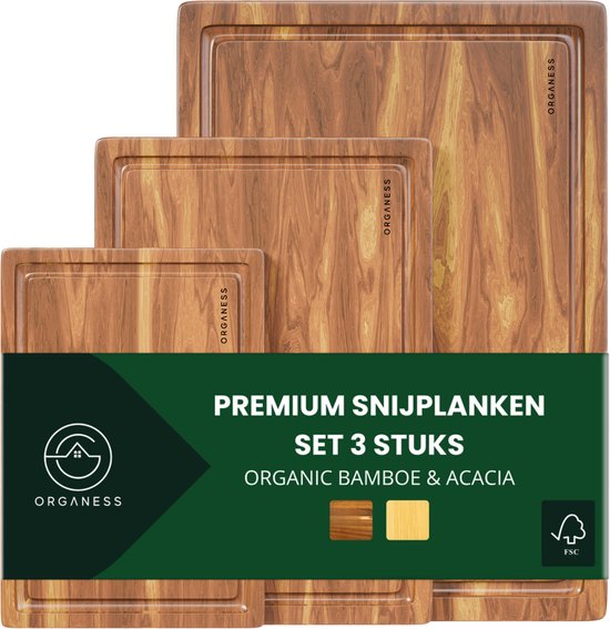 Organess 3-Delige Snijplankenset (38x25.3 / 30.5x20 / 23x15.2 cm) - Voor Keuken, Snijplanken, Serveerplank, Kaasplank, Borrelplank en Tapasplank - Snijplank Acacia Hout