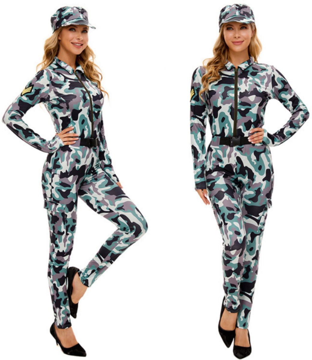 Joya Party® Leger Verkleedpak Dames Camouflage | Sexy Army Jumpsuit Pet & Riem | Vrouwen Militair Kostuum | Camouflage Militair Verkleed Pak | Carnaval, Halloween, Themafeest |