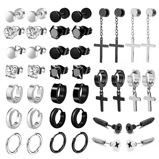 Set de 20 paires de Boucles d'oreilles pour hommes et femmes – Mix de Cerceaux et Pendentifs argentés et noirs avec motif croix