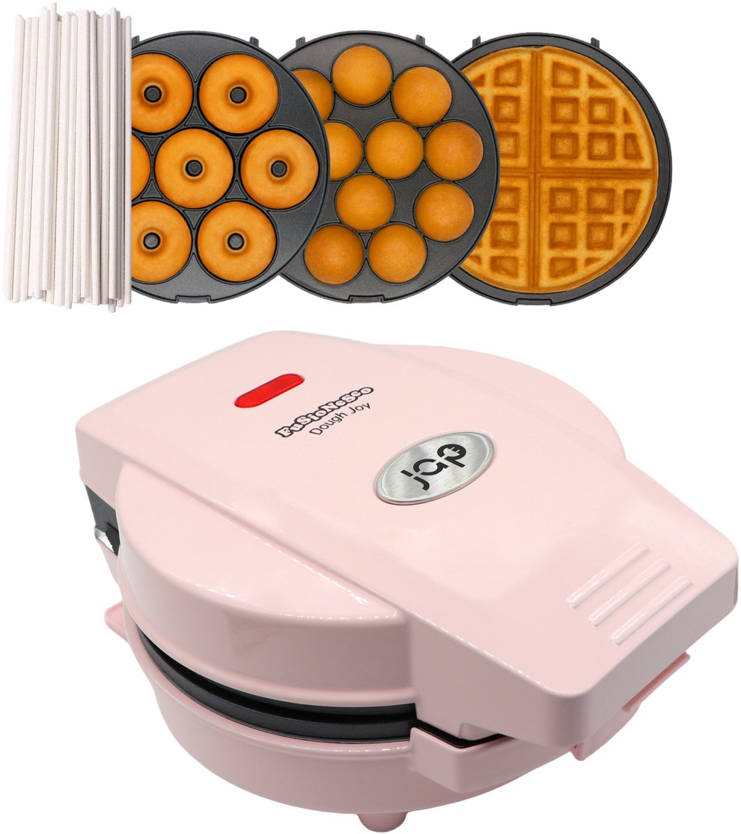JAP Appliances Dough Joy 3in1 wafelijzer, Donutmaker, cake pop maker - Inclusief Cakepop 50 stokjes - Roze - PFAS-vrij