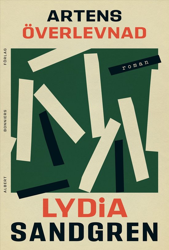 Livre "Artens överlevnad" par Lydia Sandgren, avec un fond vert abstrait orné de rectangles blancs et noirs.