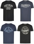 Twee zwarte t-shirts en twee blauwe t-shirts met grafische prints, waaronder "DENIM BRAND", "DENIMFY & CO", "DENIMFY COLLECTION".