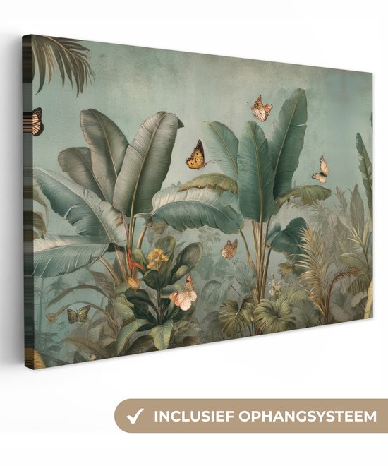 Feuillage tropical avec des papillons bruns sur fond bleu-vert. Système de suspension inclus.