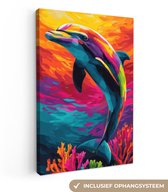 Tableau sur toile 80x120 cm - Décoration murale Dauphin - Coloré - Océan - Corail - Décoration murale salon - Décoration chambre - Accessoires chambre - Peintures sur toile