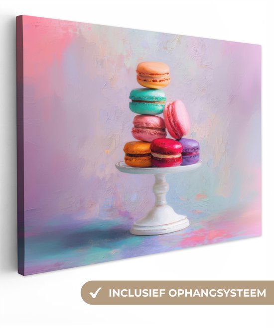 Canvas schilderij 80x60 cm - Exclusieve wanddecoratie Macarons - Schaal - Pastel - Kleurrijk - Muurdecoratie accessoires - Keuken decoratie muur - Schilderijen op canvas