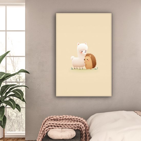 Tableau sur toile 80x120 cm - Décoration murale exclusive Alpaga - Hérisson - Brun - Câlin - Peinture pour chambre d'enfant - Décoration murale chambre de bébé - Décoration pour chambre de garçon et de fille - Accessoires Bébé