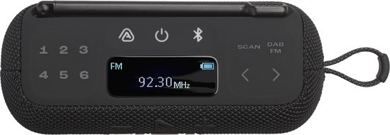 Topview van de zwarte JBL Tuner 3 radio speaker met display en antenne.