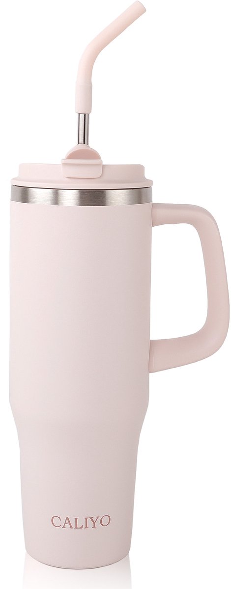 CALIYO Tumbler – RVS Thermosbeker – 1.2L – 9-11 Uur Koud - 40-48 Uur Met Ijs - Vaatwasmachinebestendig - Lekvrij – Met Rietje & Handvat – Travel Mug To Go Voor Koude Dranken - Lichtroze