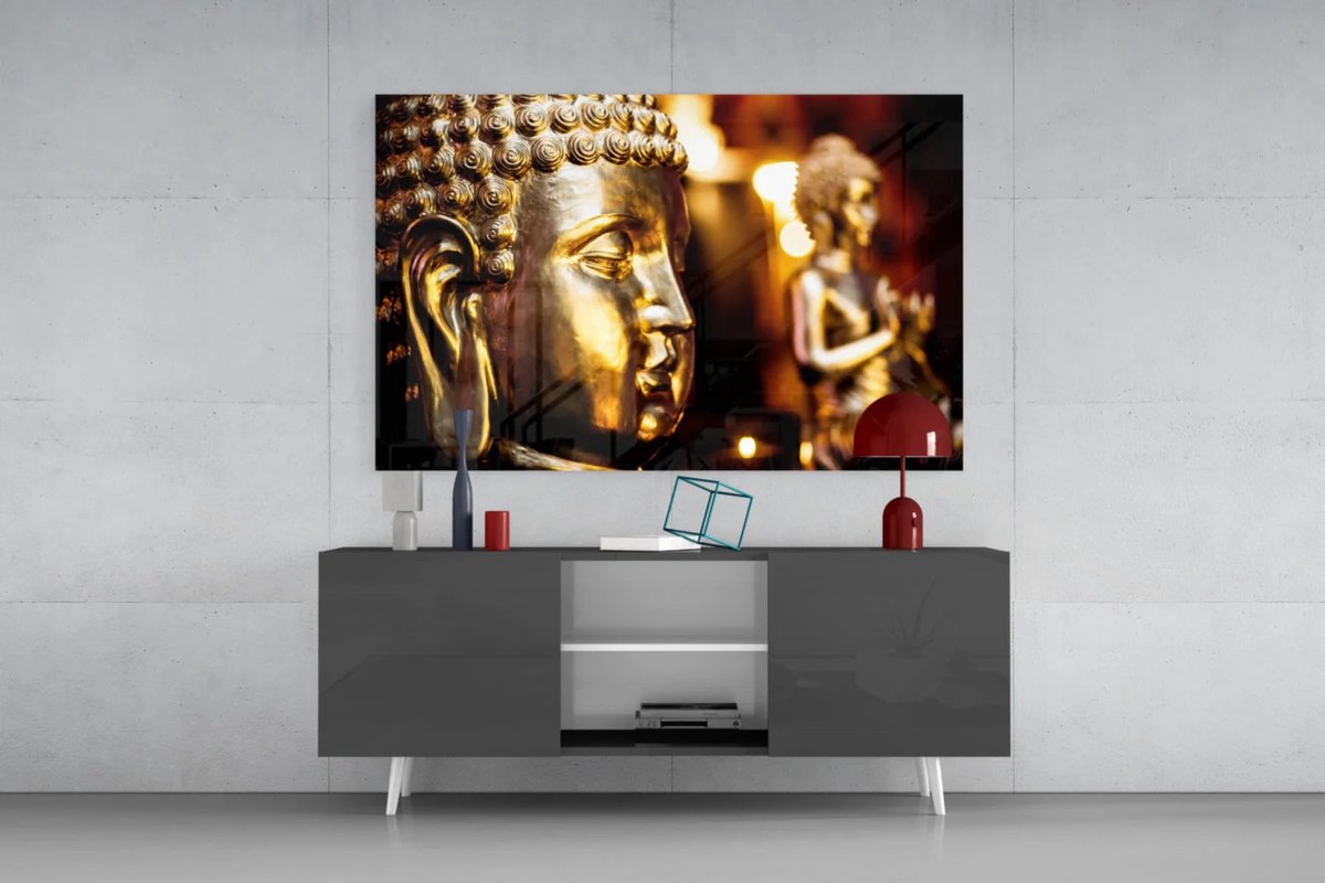 Glasschilderij - Gouden Boeddha Beeld - Spirituele Wanddecoratie - 90x60 cm