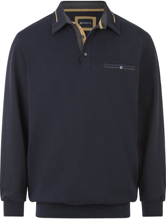 Donkerblauw poloshirt met lange mouwen, kraag met print en opgestikte borstzak.