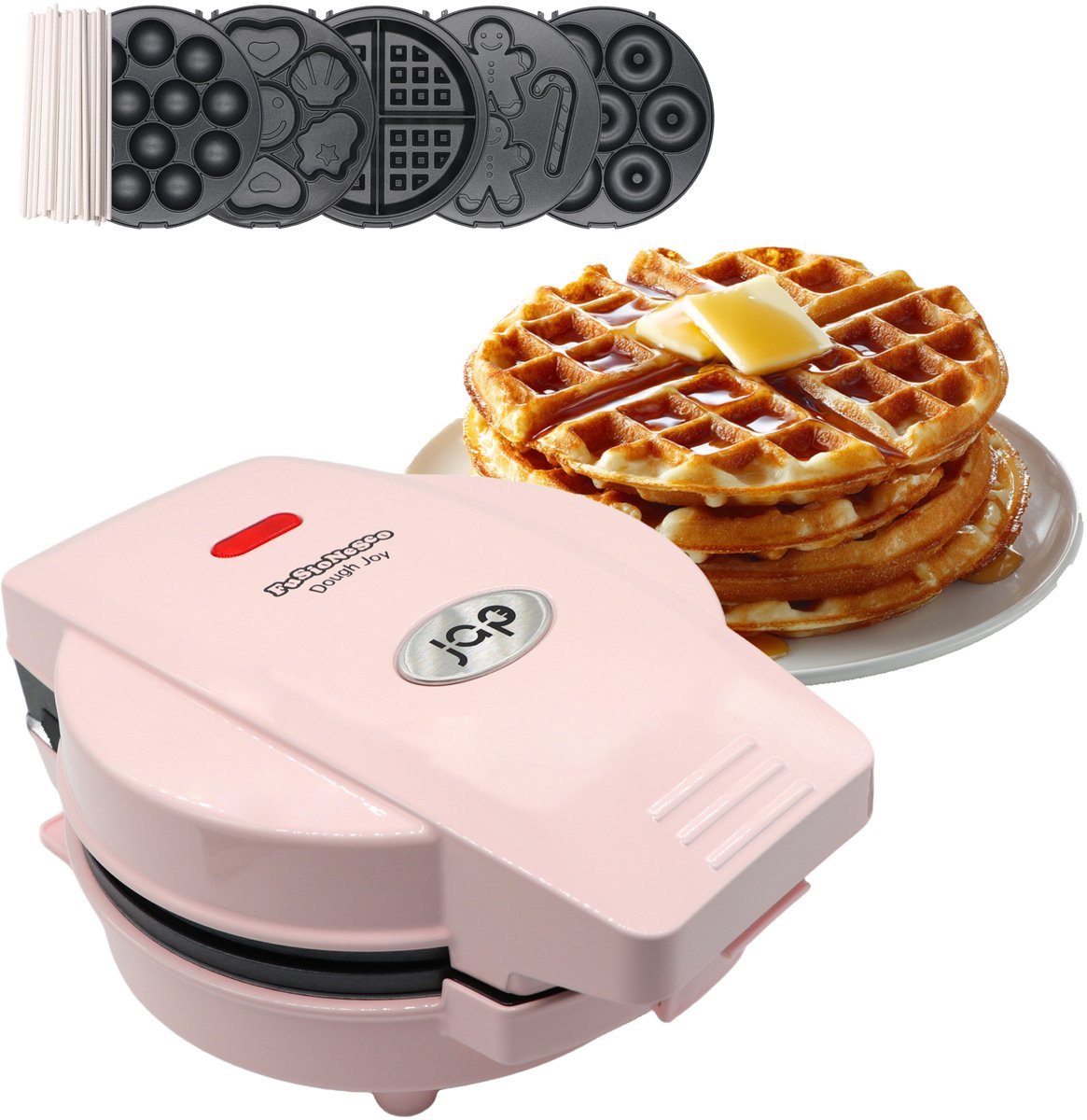 JAP Appliances Dough Joy 5in1 Wafelijzer - Wafelmaker, Donutmaker & Cake Pop maker - Anti aanbaklaag - Inclusief 50 cakepop stokjes - Roze - PFAS-vrij