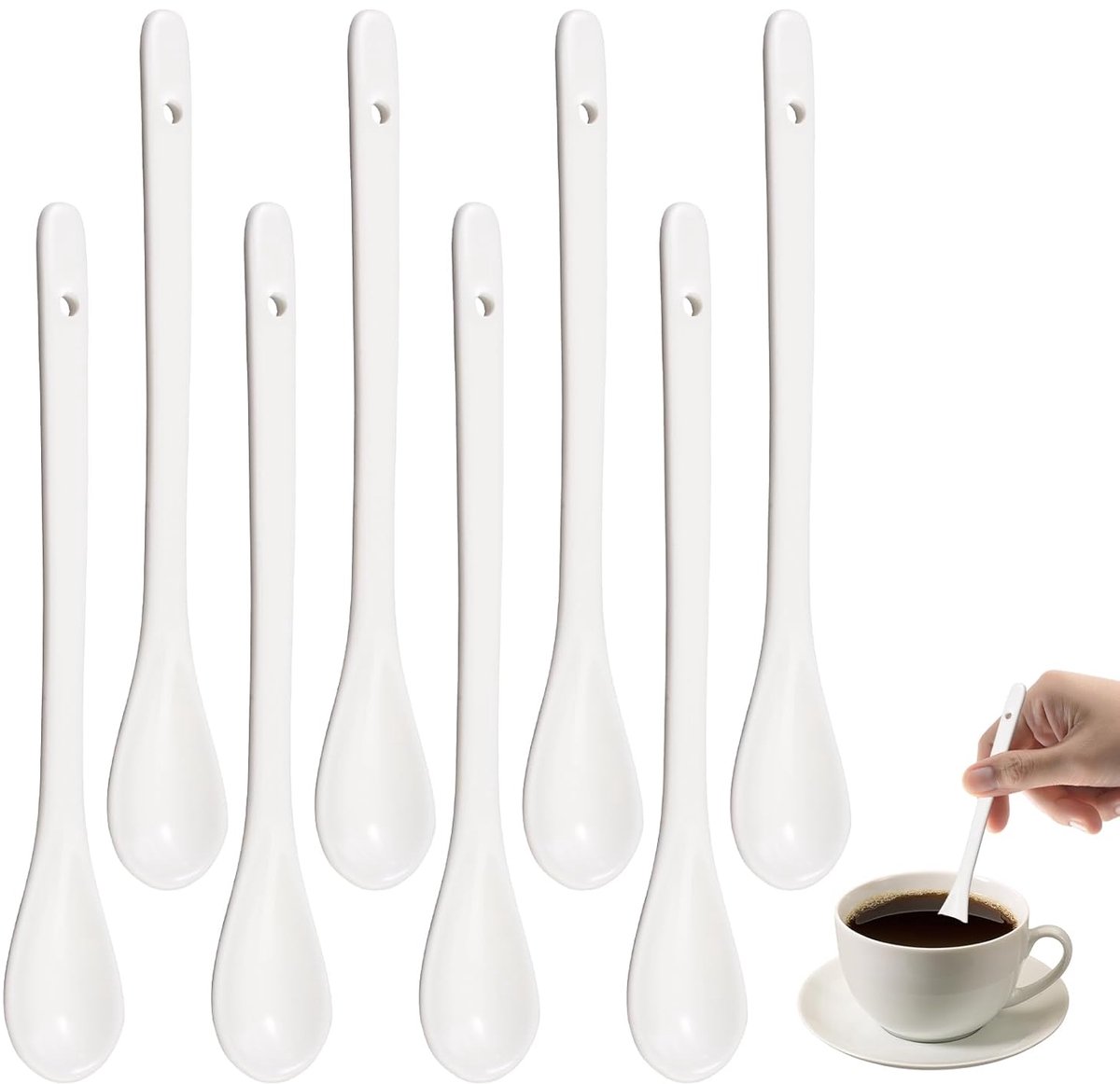 Keramische eierlepel - voedselveilig - set van 8 - wit - 16,5 cm