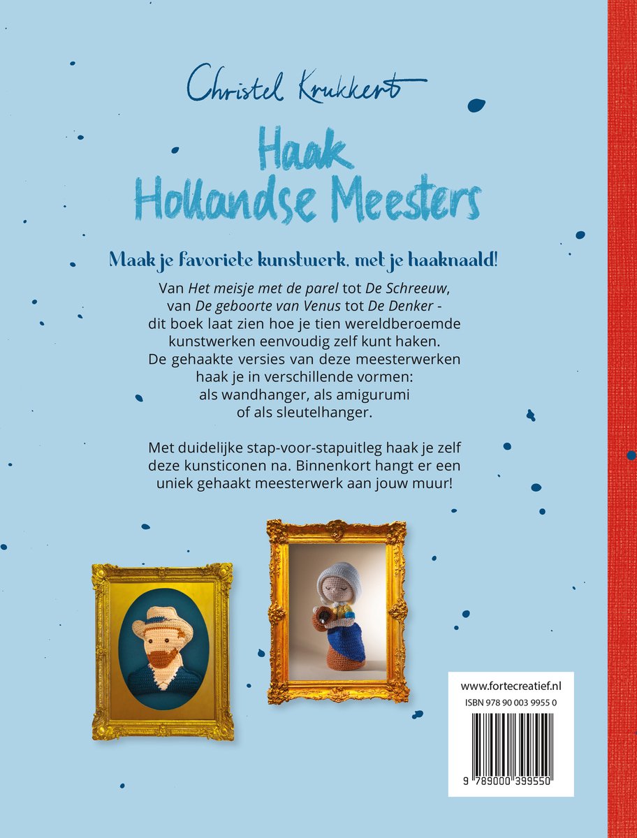 Achterkant boek met gehaakte versies van kunstwerken, waaronder het Zelfportret met grijze vilthoed.
