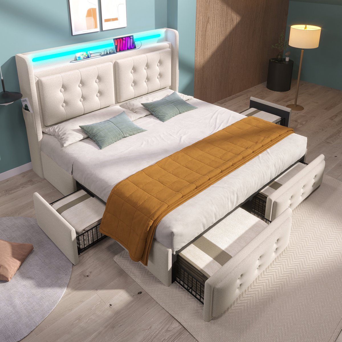 HAUSS SPOLE Gestoffeerd Bed Tweepersoonsbedden 160x200 cm - Bed Met Opbergruimte 4 Lades - LED Verlichting + USB Type C Oplaadfunctie - Katoen - Beige
