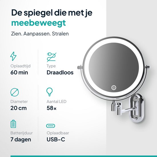 Mirlux Make Up Spiegel met Led Verlichting - Oplaadbaar - 10X Vergroting - Vergrootspiegel met Licht - Scheerspiegel - Badkamerspiegel - Chroom