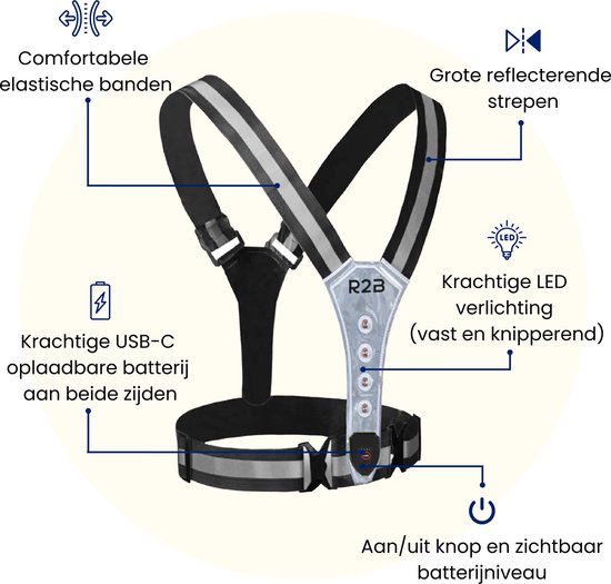 R2B Hardloopvest met Verlichting Voor- en Achterkant - USB-C Oplaadbaar - Wandel & Hardloop Verlichting - Reflecterend Running Vest - Loopvest Dames & Heren - Grijs