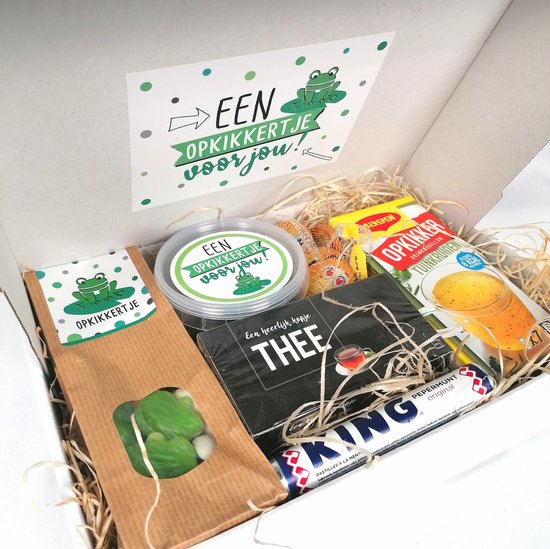 Opkikkertje | Cadeaupakket "Opkikkertje" | Geschenkverpakking | Een opkikkertje voor jou | Opkikker | Thee | Pepermunt | Snoepkikkers - Emoji chocolade | drop | Sterkte | Beterschap | Operatie