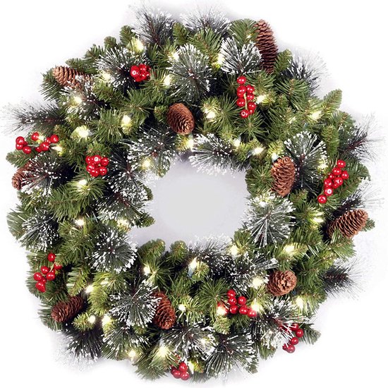 Kerstkrans - 40 cm - Voordeurdecoratie met LED-verlichting - Kerstbal - Feestdecoratie - Geschikt voor ramen, open haarden, kerstversiering - Groen
