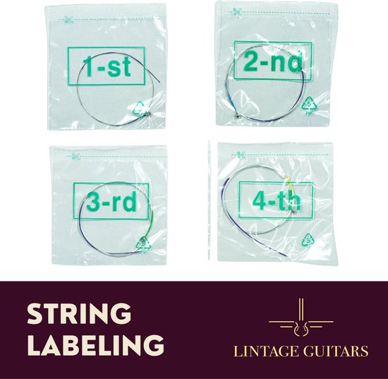 Lintage Guitars String Labeling. Vier individuele vioolsnaren verpakt. Met labels 1-st, 2-nd, 3-rd, 4-th.