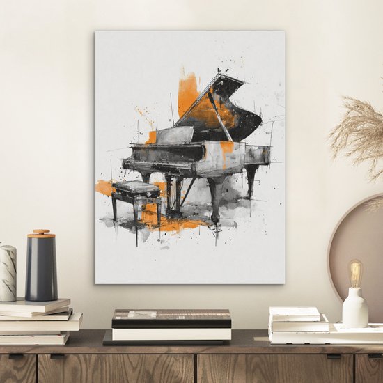 Akoestisch wandpaneel 30x40 cm - Vilt schilderij Piano - Oranje - Zwart - schets lijnen - Akoestische panelen - Geluidsdempende wanddecoratie - Geluidsisolatie woonkamer - Muurdecoratie geluidspanelen