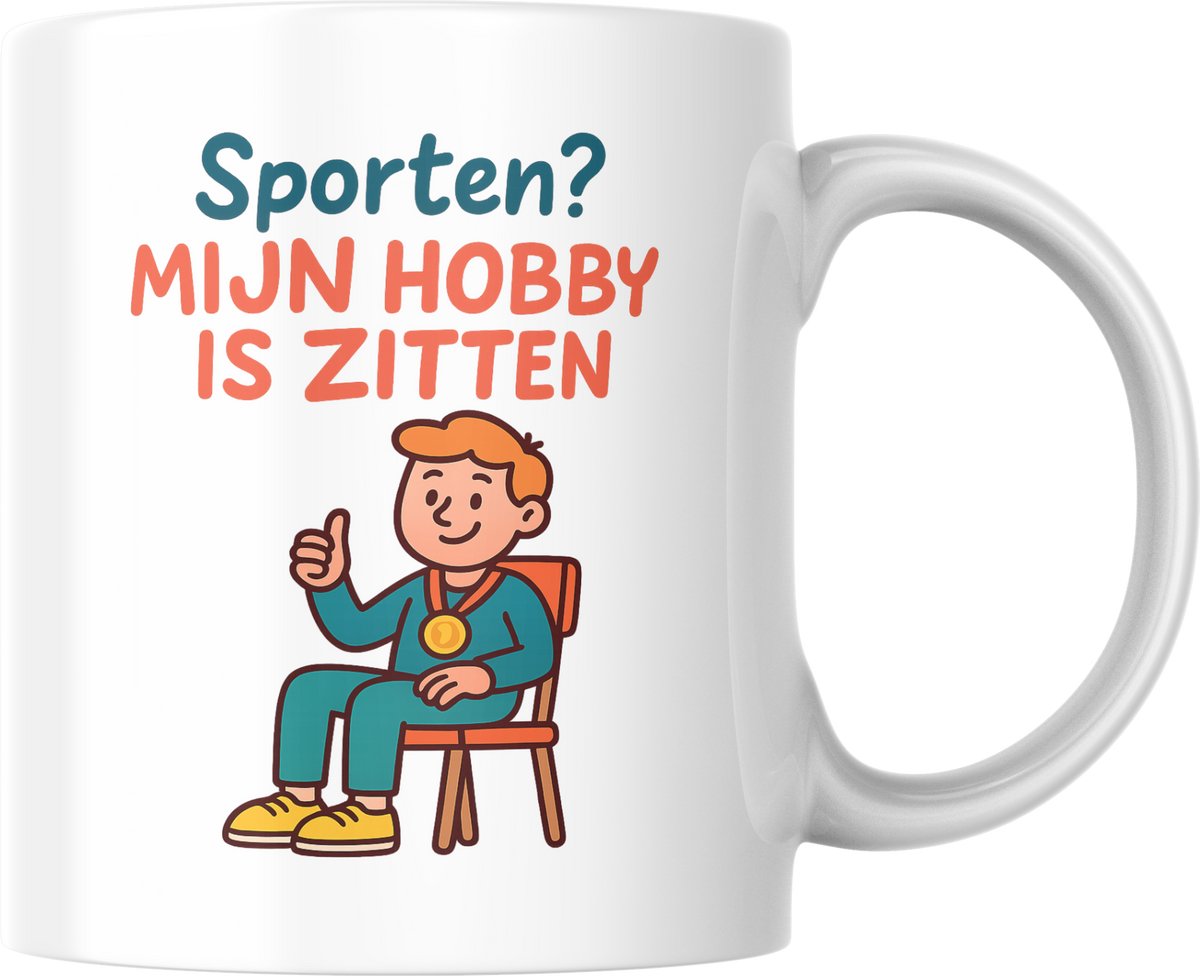 Mok 330ml – Sporten? Mijn hobby is zitten – Grappige koffiemok met quote – Dubbelzijdig bedrukt – Humor cadeau