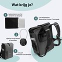 Inhoud van Vebics fietstas: laptop sleeve, cijferslot, schouderband en waterdichte fietsrugzak.
