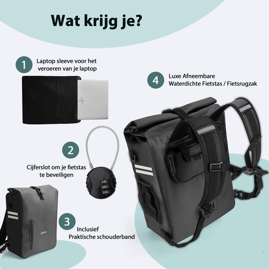 Inhoud van Vebics fietstas: laptop sleeve, cijferslot, schouderband en waterdichte fietsrugzak.