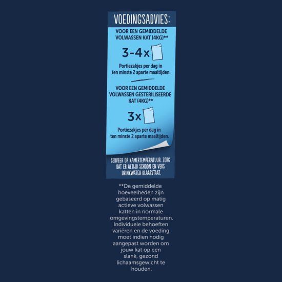Voedingsadvies voor een gemiddelde volwassen kat (4kg): 3-4 porties per dag. Voor gesteriliseerde katten (4kg): 3 porties per dag.