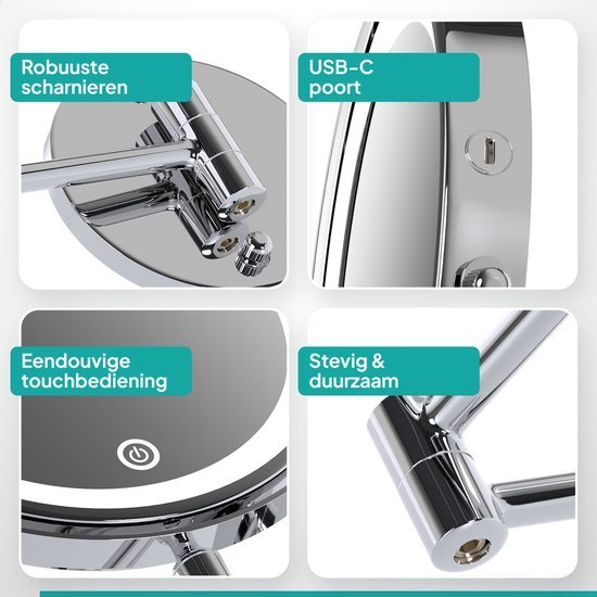 Close-up van scharnieren, USB-C-poort, touchbediening en stevige constructie van een Mirlux spiegel.
