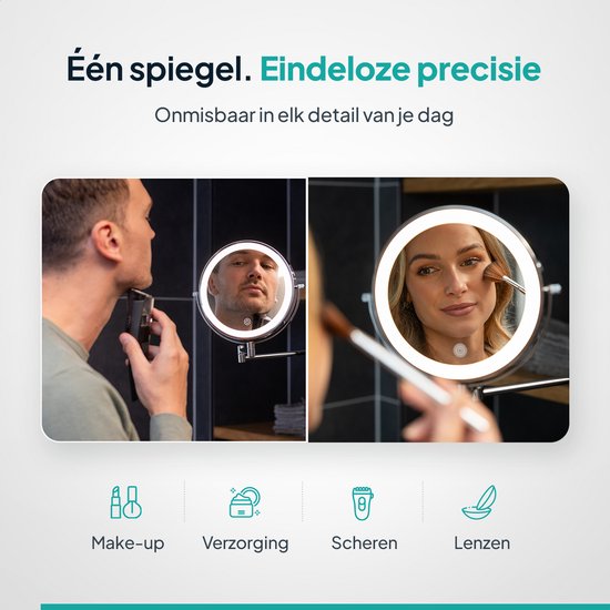 Man scheert zich, vrouw brengt make-up aan met een Mirlux make-upspiegel met LED.