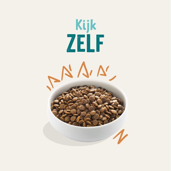 Witte kom gevuld met hondenbrokken, met oranje lijntekeningen en de tekst 'Kijk zelf'.