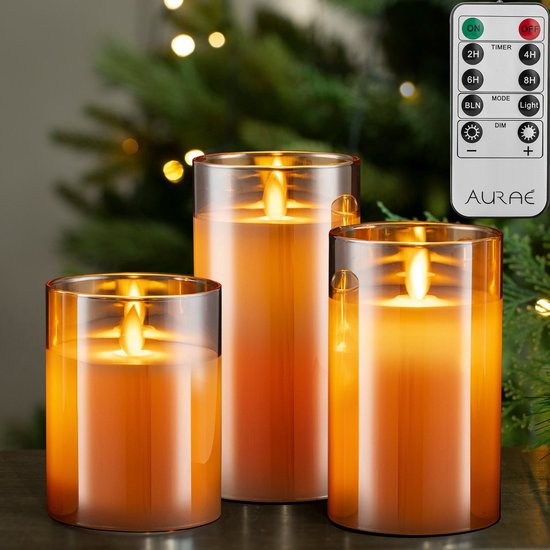 Aurae Led Kaarsen met Bewegende Vlam - 3x - Echte Wax - Afstandsbediening - 250+ branduren - op Batterijen - Flikkerende Vlam - Timer