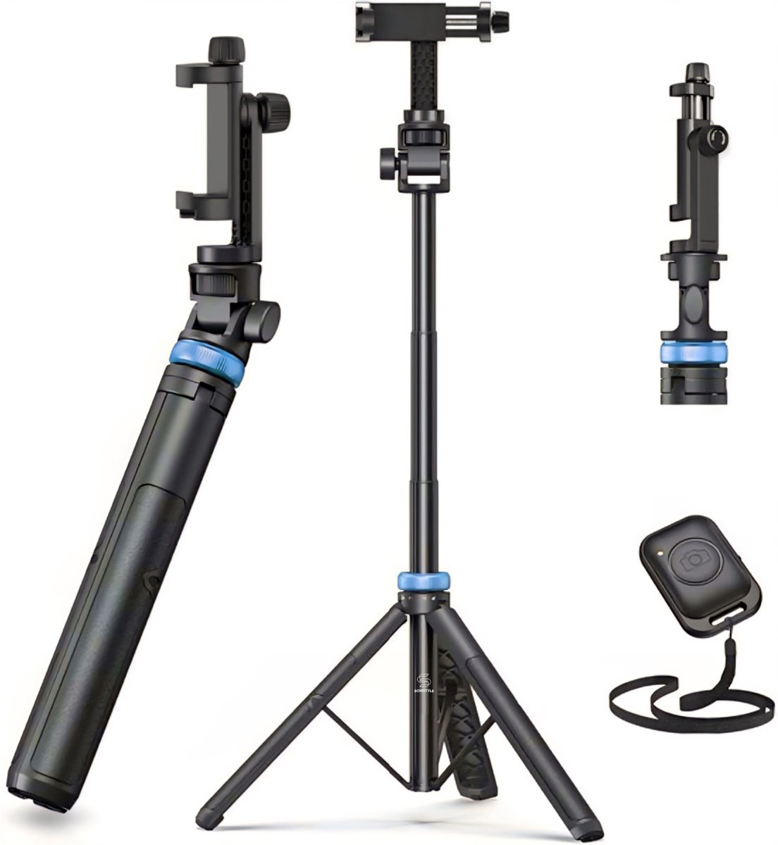 Somstyle Telefoonstatief - 149 CM Uitschuifbaar Statief - Tripod voor Smartphone & Actioncam - Selfiestick met Afstandsbediening - Zwart / Blauw