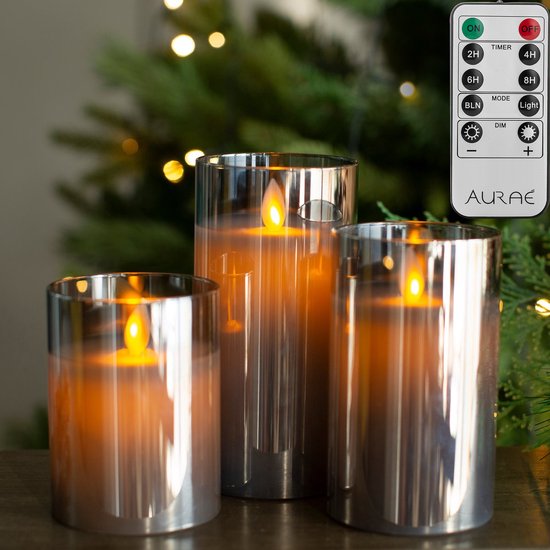Aurae Led Kaarsen met Bewegende Vlam - 3x - Echte Wax - Afstandsbediening - 250+ Branduren - op Batterijen - Flikkerende Vlam - Timer