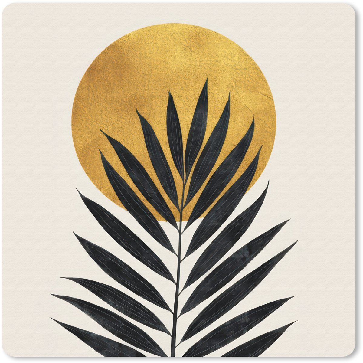 Muismat 30x30 cm - Mousepad Zwart palmblad - Gouden cirkel - Beige achtergrond - Muismatten