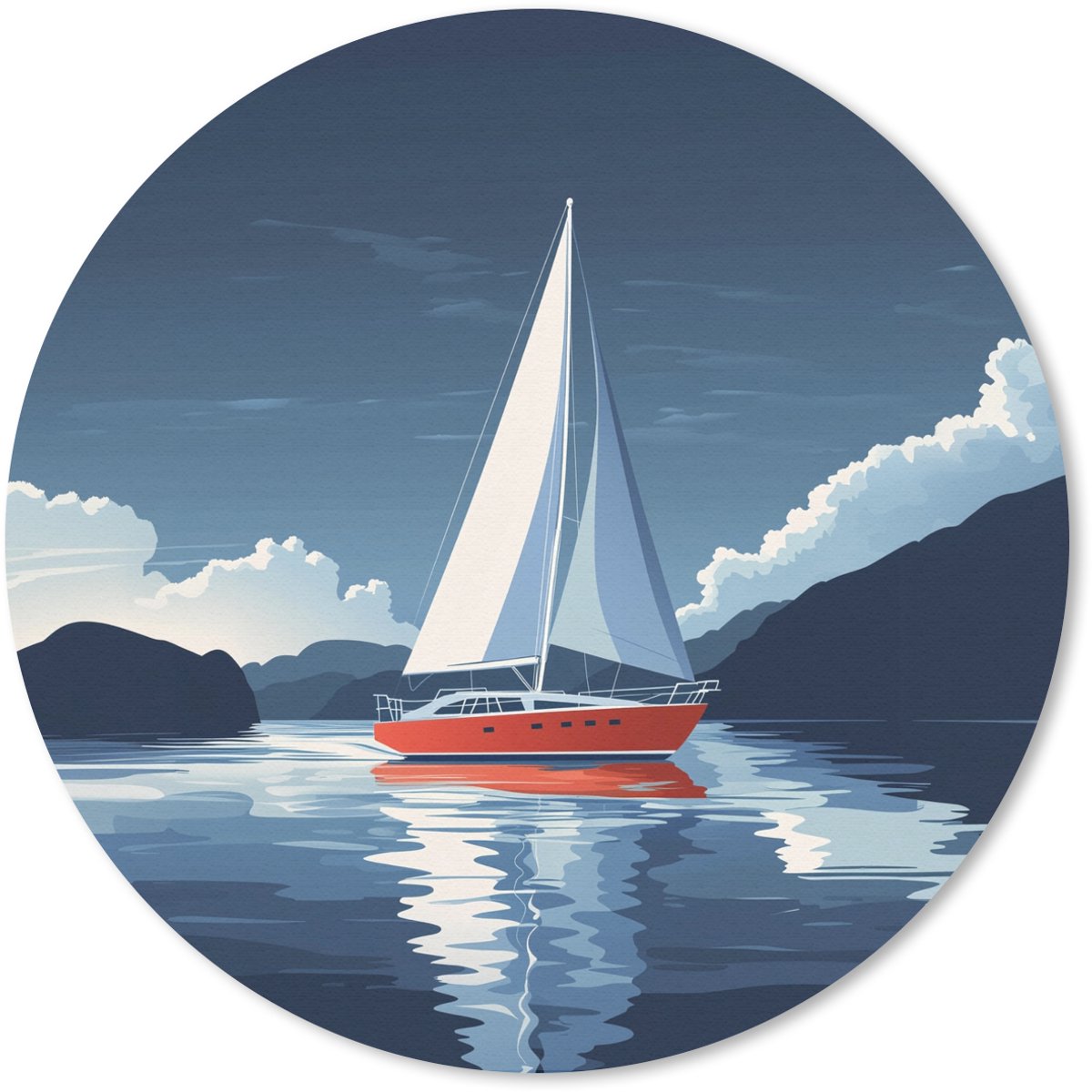 Muismat rond 50x50 cm - Mousepad Zeilboot - Donkere bergen - Stilte - Ronde muismatten