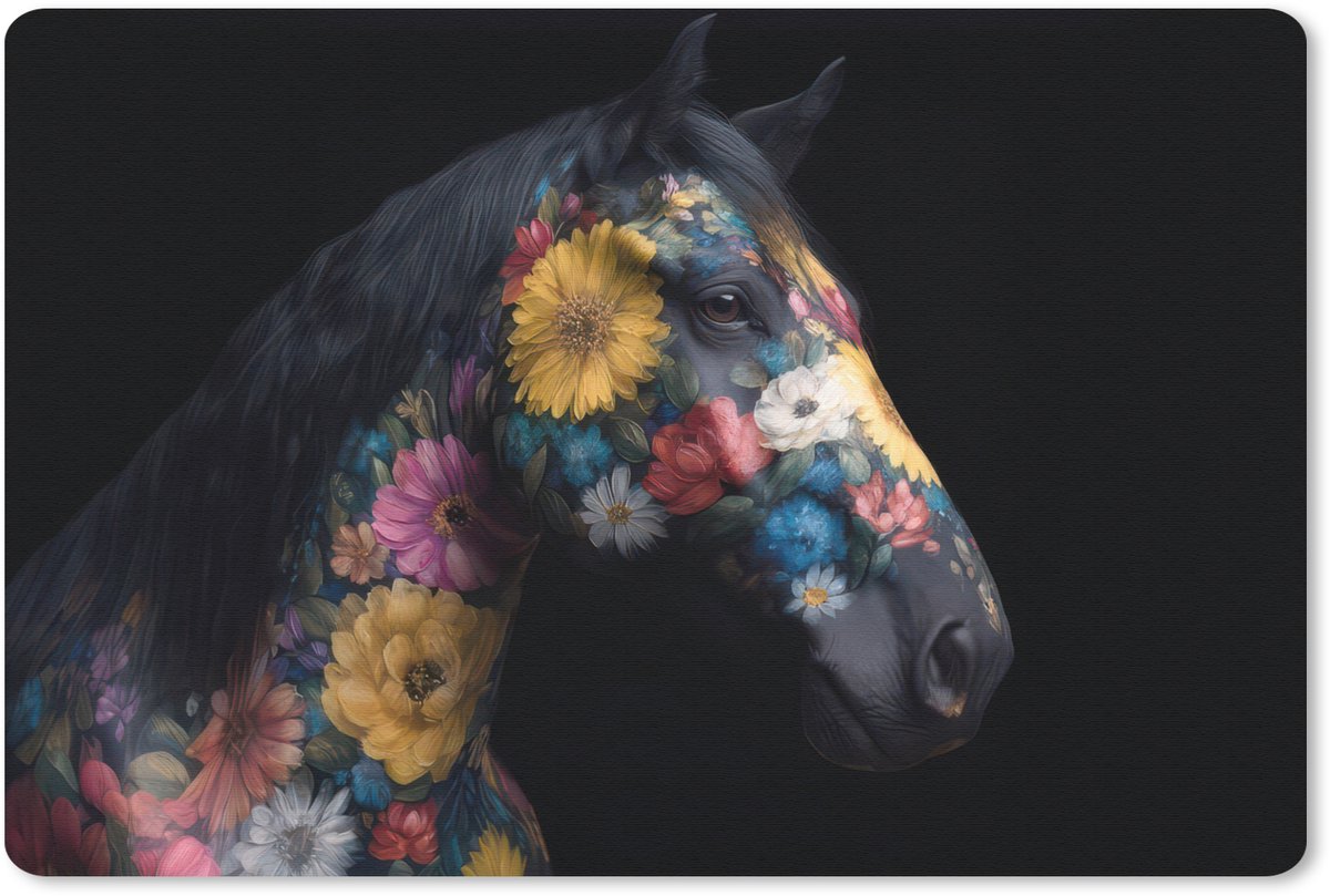 Muismat 27x18 cm - Mousepad Paard - Bloemen - Zwart - Muismatten