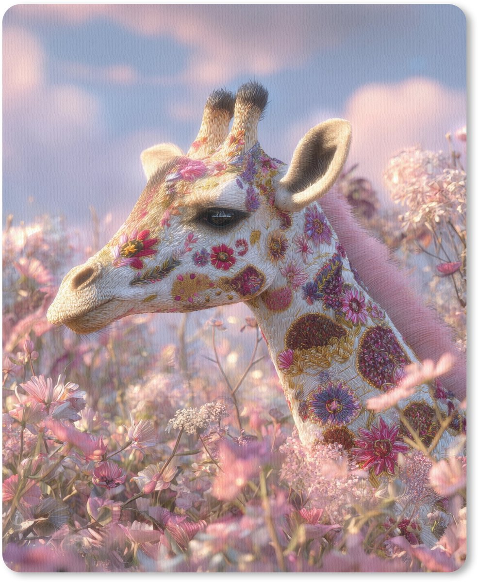 Muismat 19x23 cm - Mousepad Giraffe - Bloemen - Roze - Muismatten