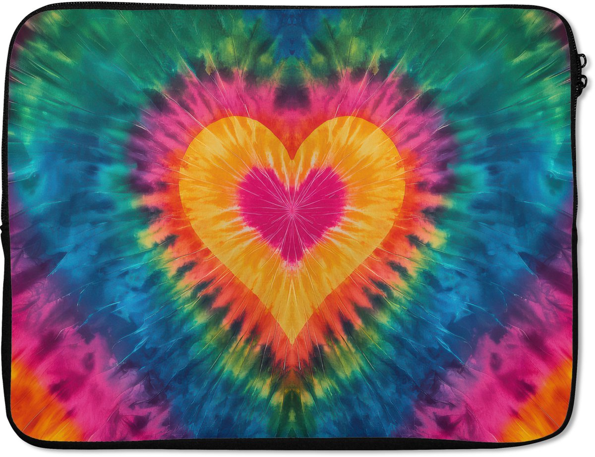 Laptophoes 17 inch - Hart - Tie Dye - Kleurrijk - Laptop sleeve - Binnenmaat 41x28 cm - Zwarte achterkant